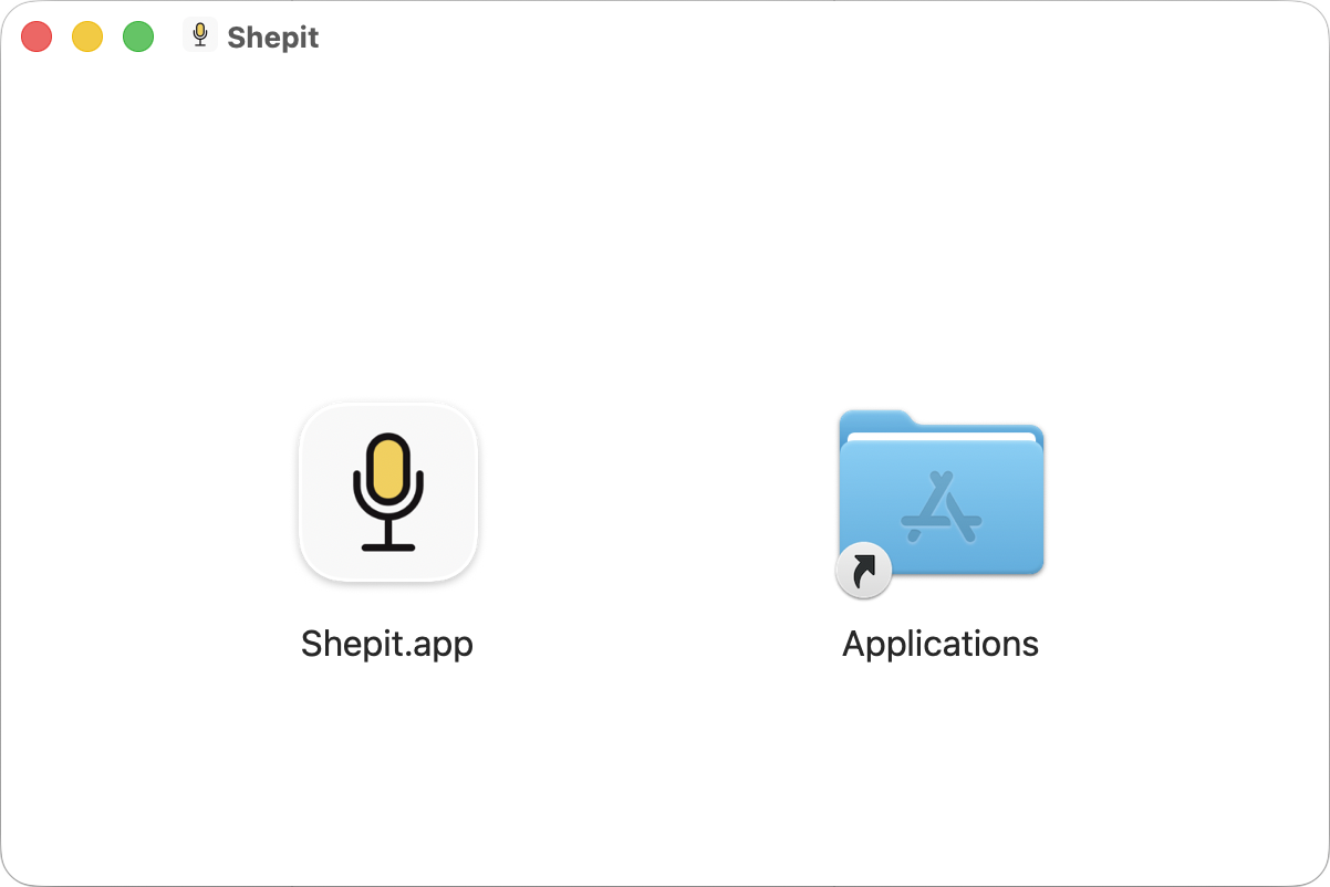 Shepit DMG window with the app icon being dragged onto the Applications folder.