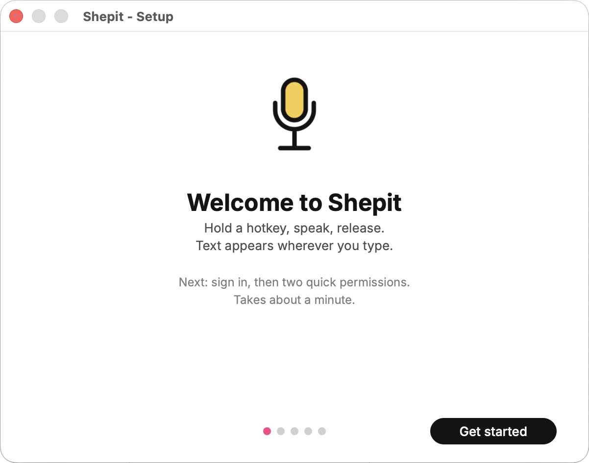 Shepit Setup Wizard guiding the user through Accessibility and Microphone permissions.